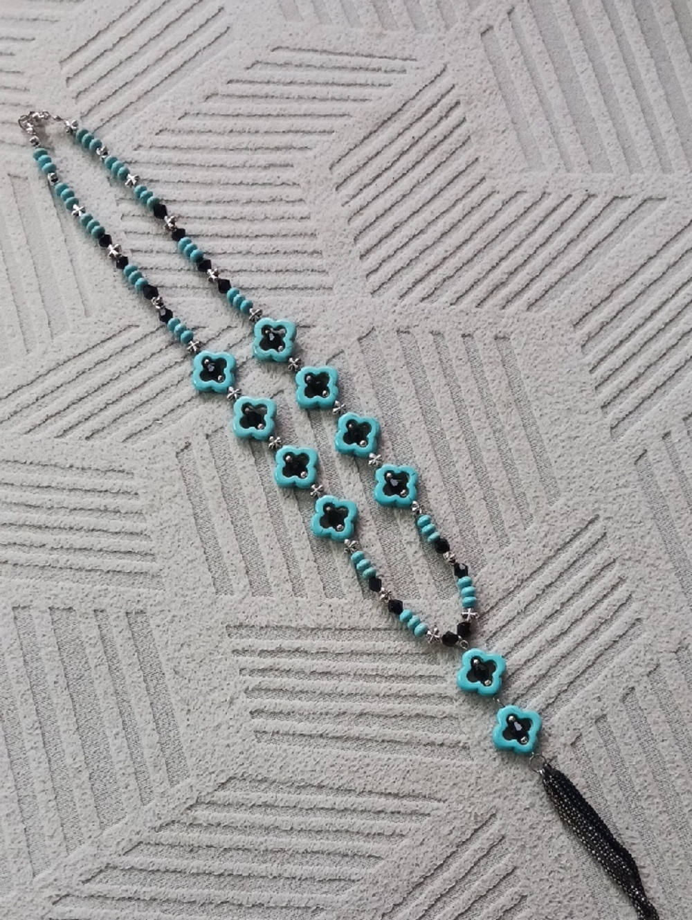 Turquoise and Black Beaded Clover Necklace - Women Jewelry